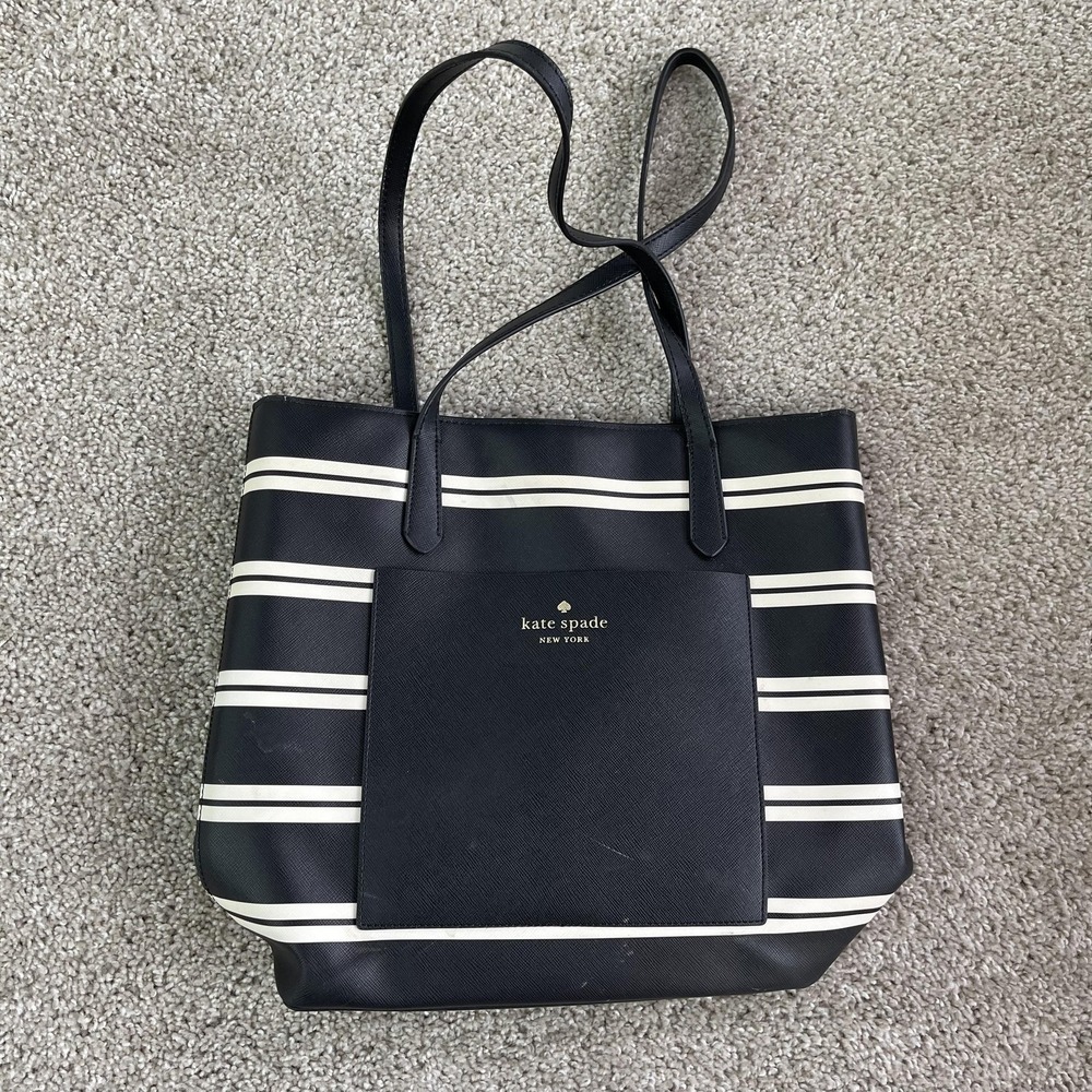 Kate Spade Tote Bag Womens Large Black Leather Striped Shoulder Outer Pocket